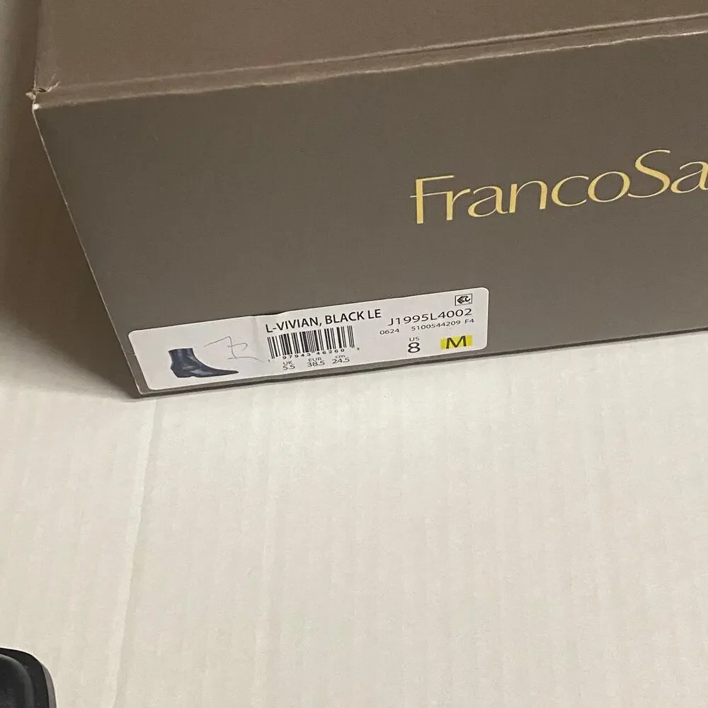 NIB New Franco Sarto Black Leather Vivian Western Block Heel Booties Women's 8